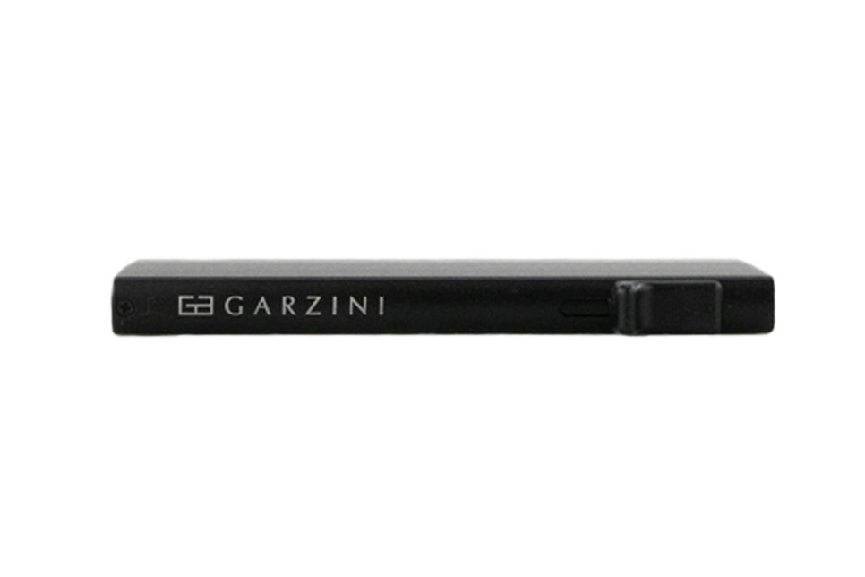 Side view of a black Garzini metal wallet card holder with Garzini branding