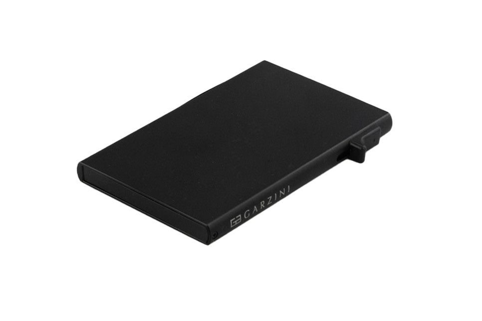 Black Garzini metal wallet card holder on a white background