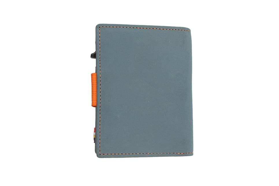 Back view of closed Garzini Metal Wallet in blue leather, with push button.