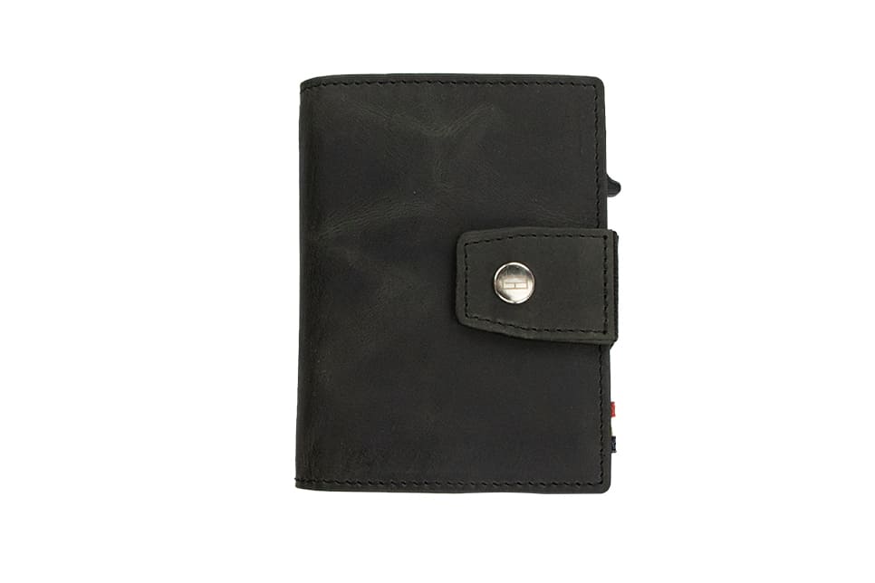 Closed Front Garzini Metal Wallet in brushed black leather with push button, minimalist design
