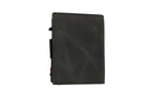 Back view of closed Garzini Metal Wallet in brushed black leather, with push button