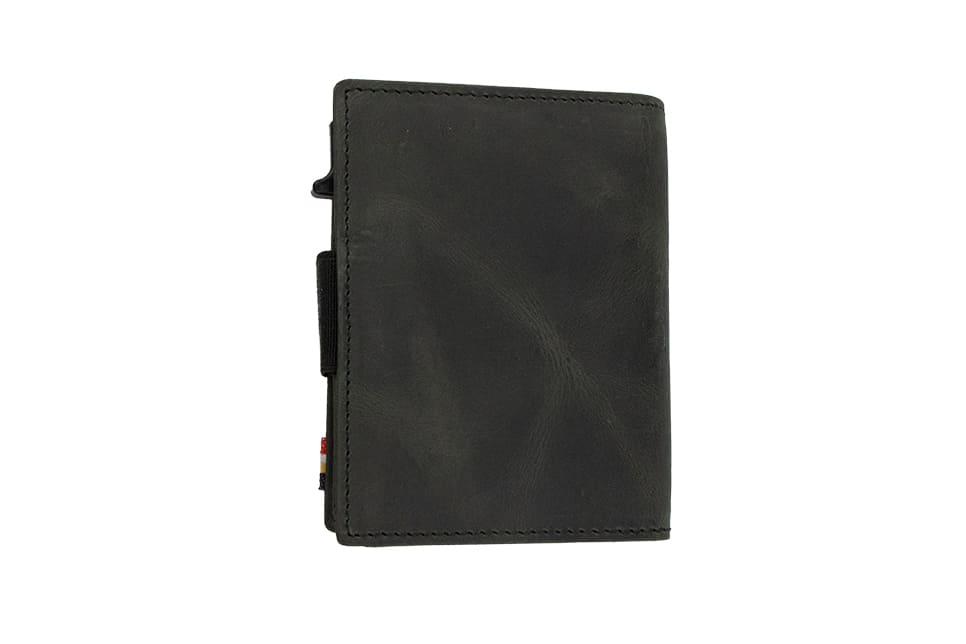 Back view of closed Garzini Metal Wallet in brushed black leather, with push button