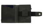 Open Garzini Metal Wallet in brushed black leather, holding a stack of cash