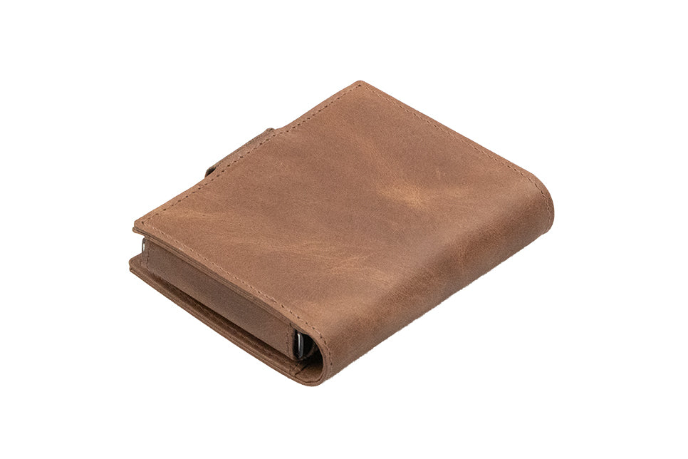 Garzini Metal Wallet in Brushed Brown, showing the backside with detailed stitching.