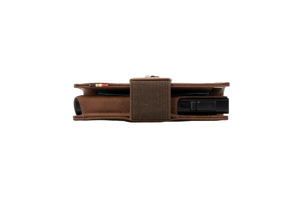 Side view of slim Garzini Metal Wallet in brushed brown leather
