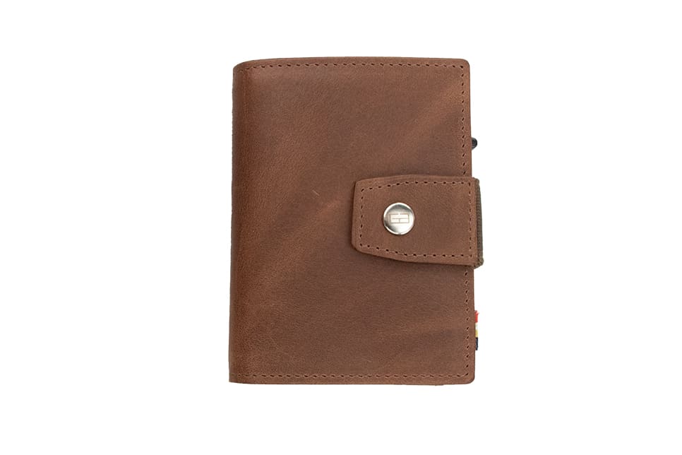 Closed Garzini Metal Wallet in brushed brown leather with push button, minimalist design