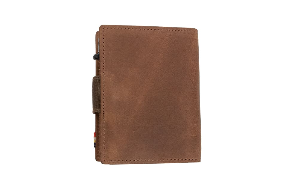 Back view of closed Garzini Metal Wallet in brushed brown leather, with push button