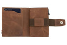 Open Garzini Metal Wallet in brushed brown leather, displaying card and cash slots
