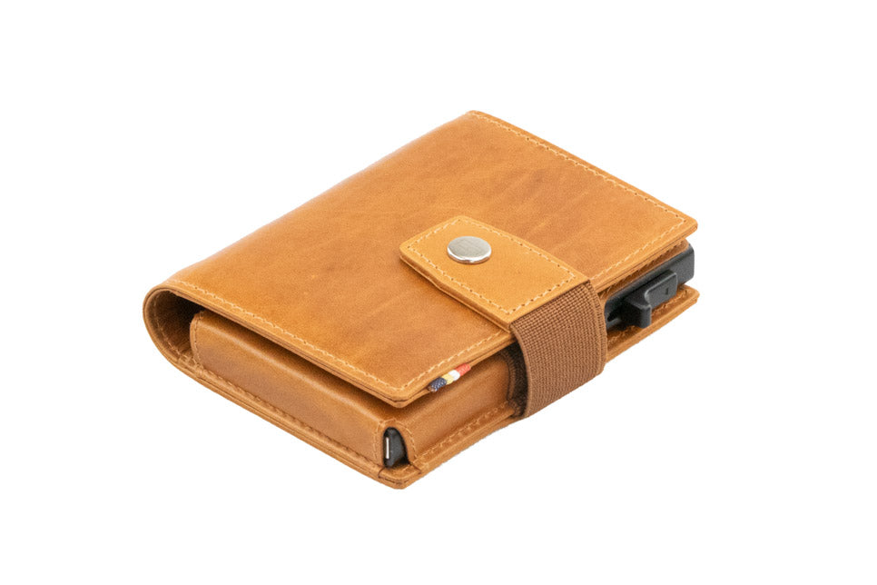 Garzini Metal Wallet in Brushed Cognac, displayed at an angle showing the front and side