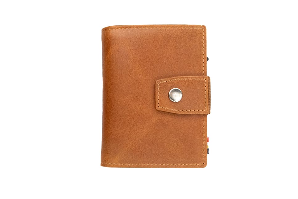 Closed Front Garzini Metal Wallet in brushed cognac leather with push button, minimalist design
