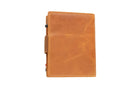 Back view of closed Garzini Metal Wallet in brushed cognac leather, with push button