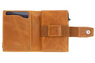 Open Garzini Metal Wallet in brushed cognac leather, displaying card and cash slots