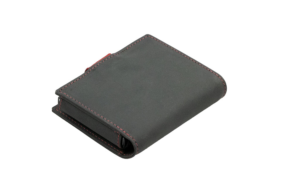 Garzini Metal Wallet in Carbon Red, showing the backside with detailed stitching.