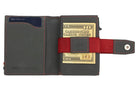 Open Garzini Metal Wallet in carbon red leather, holding a stack of cash
