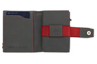 Open Garzini Metal Wallet in carbon red leather, displaying card and cash slots
