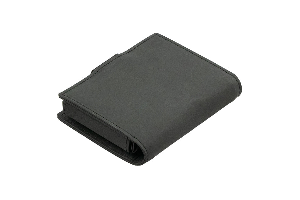 Garzini Metal Wallet in Carbon Black, showing the backside with detailed stitching.