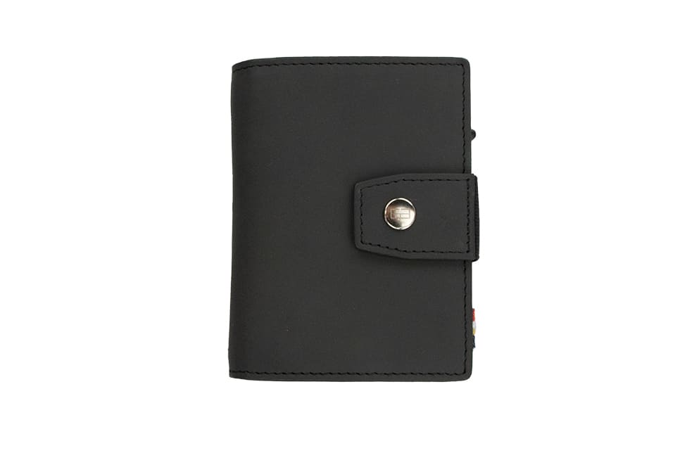 Closed Front Garzini Metal Wallet in carbon black leather with push button, minimalist design
