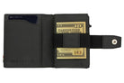 Open Garzini Metal Wallet in carbon black leather, holding a stack of cash