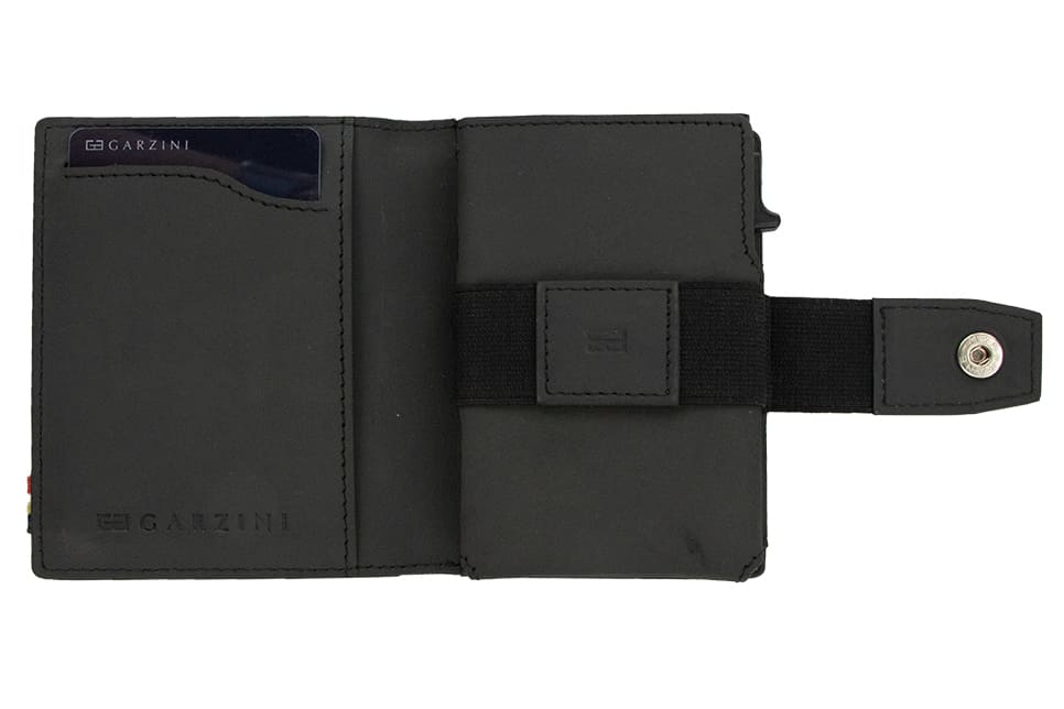 Open Garzini Metal Wallet in carbon black leather, displaying card and cash slots
