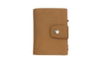 Closed Front Garzini Metal Wallet in camel brown leather with push button, minimalist design
