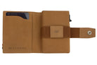 Open Garzini Metal Wallet in camel brown leather, displaying card and cash slots
