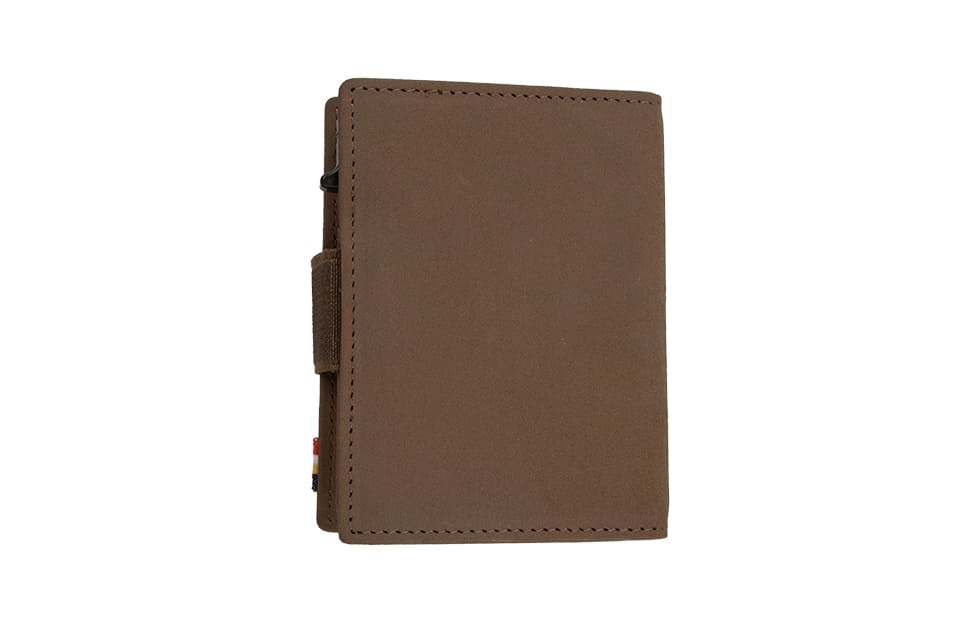 Back view of closed Garzini Metal Wallet in java brown leather, with push button
