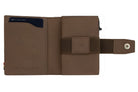 Open Garzini Metal Wallet in java brown leather, displaying card and cash slots
