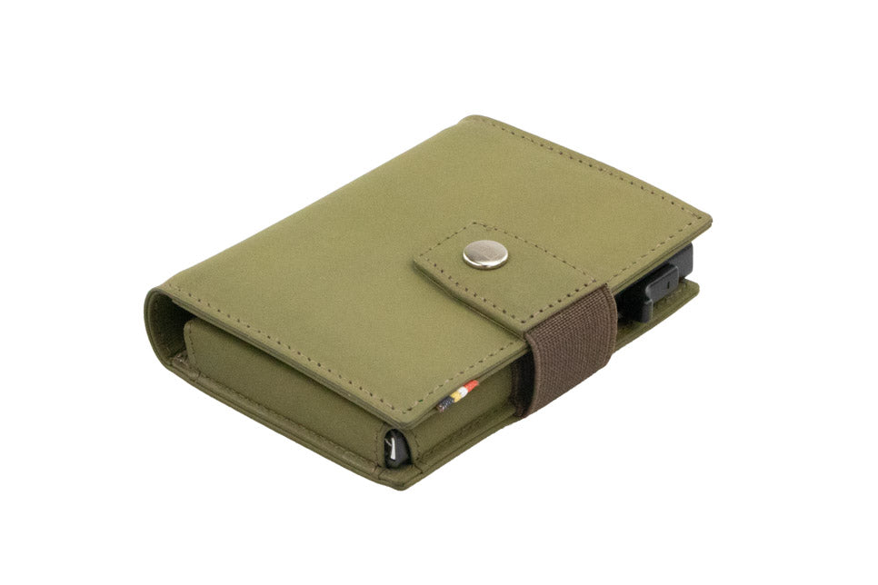 Garzini Metal Wallet in Olive Green Brown, displayed at an angle showing the front and side