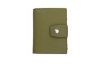 Closed Front Garzini Metal Wallet in olive brown leather with push button, minimalist design
