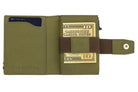 Open Garzini Metal Wallet in olive brown leather, holding a stack of cash
