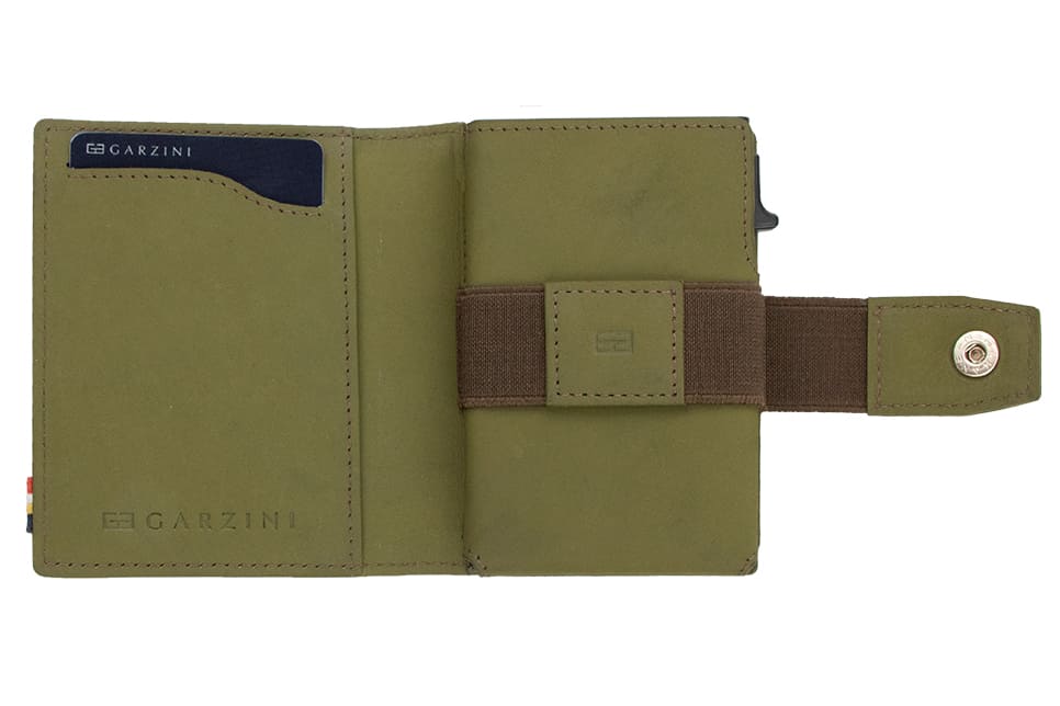 Open Garzini Metal Wallet in olive brown leather, displaying card and cash slots
