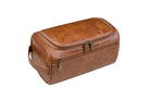 Cognac-colored vegan leather Garzini Toiletry Bag, front side view for elegant and functional travel storage.