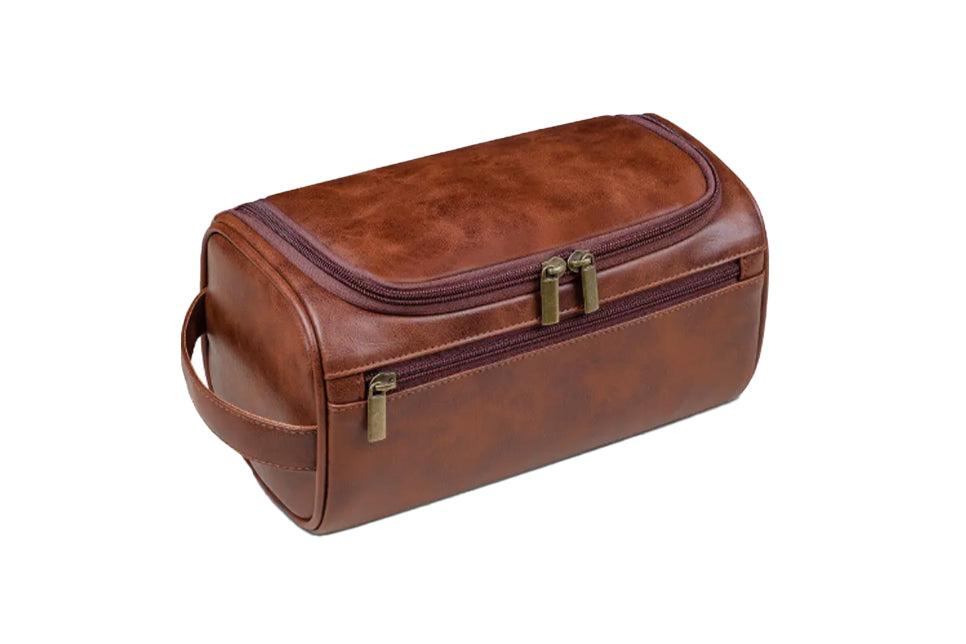 Brown vegan leather Garzini Toiletry Bag, front side view, ideal for men's and women's travel toiletry storage.