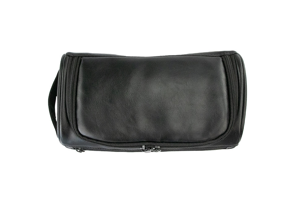 Overhead view of Black Garzini Toiletry Bag, showcasing spacious compartments and waterproof material.