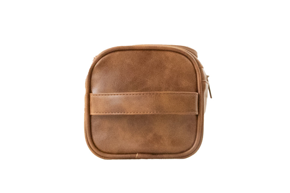 Cognac Garzini Toiletry Bag side view, designed for durability, waterproof protection, and stylish portability.